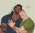  2boys bara beard blonde_hair couple english_text facial_hair full_beard gab_(skitsoepic) hand_on_another&#039;s_chest heads_together heart highres hug interracial large_pectorals leaf_tattoo long_hair male_focus mature_male multiple_boys muscular muscular_male mustache_stubble nipples original pectoral_cleavage pectorals raph_(skitsoepic) skitsoepic stubble thick_chest_hair thick_eyebrows tsurime yaoi 