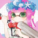  1girl closed_mouth commentary e-liter_4k_(splatoon) flower_wreath green_eyes grid_background gun head_wreath heart heart_in_eye holding holding_gun holding_weapon inkling inkling_girl inkling_player_character long_hair looking_at_viewer multicolored_background pink_hair pointy_ears ruriiro3939 smile solo sparkle splatoon_(series) splatoon_3 star_(symbol) symbol-only_commentary symbol_in_eye tentacle_hair upper_body weapon 