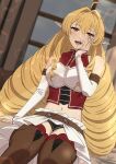  1girl ahoge anju_(artist) blonde_hair boots breasts detached_sleeves drill_hair elf elinalise_dragonroad feet_out_of_frame hair_between_eyes hand_on_own_face highres light_blush lips long_hair looking_at_viewer medium_breasts midriff mushoku_tensei navel on_bed open_mouth orange_eyes pointy_ears signature sitting smile solo teeth thigh_boots very_long_hair white_sleeves 