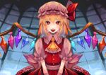  1girl :d ascot blonde_hair bow buttons collared_shirt commentary_request cowboy_shot crystal dress fangs flandre_scarlet flat_chest frilled_shirt_collar frilled_sleeves frills fushida hair_between_eyes hat hat_bow highres looking_at_viewer medium_bangs mob_cap open_mouth pinafore_dress pink_hat pink_shirt red_bow red_dress red_eyes shirt short_hair sleeveless sleeveless_dress smile solo touhou window wings yellow_ascot 