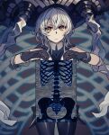  1girl abyssal_ship bodysuit bone grey_hair guouuu headgear highres holding kantai_collection long_hair looking_at_viewer otome_kaibou_(vocaloid) pale_skin short_hair skeleton smile solo standing tentacles wo-class_aircraft_carrier x-ray_film yellow_eyes 