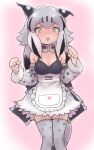  1girl :&lt; adapted_costume animal_ears animal_print apron back_bow bare_shoulders black_hair blush bow bowtie canadian_lynx_(kemono_friends) cat_ears cat_girl cat_print cat_tail cosplay cowboy_shot detached_sleeves frilled_apron frilled_skirt frills fur_trim gray_gray grey_hair grey_shirt hair_between_eyes high-waist_skirt highres japari_symbol kemono_friends long_hair multicolored_hair peach_panther_(kemono_friends) peach_panther_(kemono_friends)_(cosplay) print_bow print_bowtie print_skirt print_sleeves print_thighhighs shirt sidelocks skirt solo tail thighhighs white_apron white_fur white_hair yellow_eyes zettai_ryouiki 