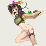  1girl :d arm_up armor black_eyes black_hair blush brown_gloves commentary_request crop_top final_fantasy final_fantasy_vii final_fantasy_vii_remake fingerless_gloves gloves green_headband green_sweater grey_background headband looking_at_viewer materia midriff open_fly open_mouth oshiri_(o4ritarou) outstretched_arm pauldrons ribbed_sweater ribbon short_hair shorts shoulder_armor single_glove single_pauldron single_sleeve single_thighhigh smile solo sweater thighhighs turtleneck v-shaped_eyebrows white_shorts yellow_ribbon yuffie_kisaragi 