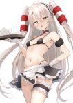  1girl alternate_costume amatsukaze_(kancolle) bikini black_bikini black_skirt breasts brown_eyes cowboy_shot enmaided gloves grey_hair hair_tubes hand_on_own_hip highleg highleg_bikini highres kantai_collection long_hair looking_at_viewer maid maid_bikini maid_headdress pleated_skirt skirt small_breasts solo swimsuit teapot tray two_side_up unconventional_maid waitress white_gloves zarashi 