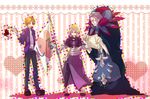  2boys armor armored_dress blonde_hair braid caster_(fate/zero) dress fate/apocrypha fate/zero fate_(series) flag grey_hair headpiece jacket jeanne_d'arc_(fate) jeanne_d'arc_(fate)_(all) multiple_boys orange_hair purple_jacket single_braid suzu_(nattu991) thighhighs uryuu_ryuunosuke 