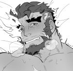  1boy bara blush clenched_teeth facial_hair flaming_eye goatee heavy_breathing hephaestus_(housamo) huge_eyebrows implied_yaoi looking_at_viewer male_focus masa_(mshk_s) monochrome muscular muscular_male mustache_stubble nude pov scar scar_on_face sideburns solo stubble sweat tearing_up teeth tokyo_afterschool_summoners twitching twitter_username undercut 