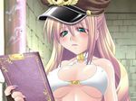  aqua_eyes blonde_hair blush breasts covered_nipples game_cg hat ishihara_masumi large_breasts long_hair nail_polish peaked_cap ragnarok_online reading underboob whitesmith 