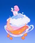  1girl blue_background blue_skirt closed_eyes cloud crescent_moon cup gradient_background highres holding holding_cup long_skirt medium_hair meyoco moon on_cloud original pastel_colors pink_hair pink_liquid shirt short_sleeves simple_background skirt star_(sky) steam teacup white_shirt 