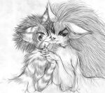 areola breasts collar duo felid feline female fur graphite_(artwork) hair licking licking_another licking_tongue long_hair looking_at_viewer mammal marudi multi_breast nipples nude_female smile tongue tongue_out traditional_media_(artwork)