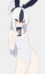  1girl absurdres alternate_costume animal_ears arm_behind_back ass_visible_through_thighs bare_shoulders black_hair blue_archive blush breasts bright_pupils cameltoe cellphone covered_navel cowboy_shot double-parted_bangs fake_animal_ears genso_(thereisnosauce) grey_background grey_halo hair_between_eyes halo hand_up highleg highleg_leotard highres holding holding_phone kayoko_(blue_archive) leotard long_hair phone playboy_bunny ponytail rabbit_ears red_eyes sidelocks simple_background small_breasts smartphone solo white_hair white_leotard 