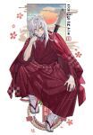  1boy animal_ears bead_necklace beads claws dog_boy dog_ears fingernails full_body full_moon geta hair_between_eyes hakama head_on_hand highres inuyasha inuyasha_(character) japanese_clothes jewelry katana long_hair looking_at_viewer male_focus moon motobi_(mtb_umk) necklace red_footwear red_hakama red_shirt sandals sharp_fingernails shirt sidelocks slit_pupils socks solo sword tetsusaiga tooth_necklace weapon weapon_on_back white_hair white_socks yellow_eyes 