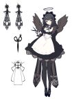  1girl angel angel_wings apron arin_(fanfan013) black_bow black_bowtie black_dress black_footwear black_hair black_halo black_headdress black_pantyhose black_skirt bow bowtie breasts brown_eyes chinese_commentary cleavage cleavage_cutout clothing_cutout collar collared_dress commentary_request dress expressionless eyelashes floral_print flower flower_brooch frilled_dress frills full_body goth_fashion grey_collar grey_wings hair_ornament hairclip halo highres holding holding_scissors juliet_sleeves large_breasts long_hair long_sleeves looking_to_the_side maid mole mole_under_mouth original pantyhose parted_lips puffy_sleeves reference_sheet scissors shoes short_dress skirt solo waist_apron white_apron white_flower wings x_hair_ornament 