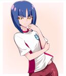  1girl blue_hair bob_cut closed_mouth gym_shirt gym_shorts gym_uniform half-closed_eyes hand_on_own_arm highres looking_at_viewer precure red_shorts shiratori_yuriko shirt short_hair short_sleeves shorts smile solo standing t-shirt tropical-rouge!_precure usoco yellow_eyes 