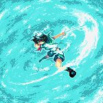  1girl aqua_background black_hair commentary_request full_body green_sailor_collar hishaku kenpfar looking_at_viewer lowres murasa_minamitsu pixel_art sailor sailor_collar short_hair shorts solo touhou white_hat white_shorts 