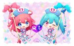  2girls :d ;d arm_up blue_bow blue_dress blue_eyes blue_footwear blue_hair boots bow chibi commentary_request cross double_bun dress full_body hair_bun hat heart heart_in_eye holding intravenous_drip kiratto_pri_chan knee_boots long_hair looking_at_viewer multiple_girls nurse nurse_cap one_eye_closed open_mouth pill pink_bow pink_eyes pink_hair player_character_(kiratto_pri_chan) pretty_series puffy_short_sleeves puffy_sleeves rin_(ikura_meshi) short_sleeves signature smile standing star_(symbol) star_in_eye symbol_in_eye syringe twintails 