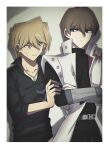  2boys absurdres arm_around_shoulder belt black_shirt blonde_hair blue_eyes blue_necktie border brown_eyes brown_hair coat collarbone collared_shirt crossed_arms hair_between_eyes hand_on_another&#039;s_arm height_difference high_collar highres jewelry jonouchi_katsuya kaiba_seto long_sleeves looking_at_another looking_at_viewer male_focus multiple_boys necklace necktie one_eye_closed open_clothes open_coat saito0614 shirt short_hair sleeveless sleeveless_coat smile standing sweatdrop upper_body v white_border white_coat white_shirt yu-gi-oh! yu-gi-oh!_duel_monsters 