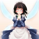  apron bad_id bad_pixiv_id black_hair blue_eyes blush embarrassed fairy fairy_maid fairy_wings highres maid_headdress s-syogo short_hair solo touhou wavy_mouth wings 