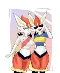 anthro arm_around_waist bottomless breasts cinderace clothed clothing duo female fur generation_8_pokemon genitals hi_res lagomorph long_ears mammal midriff nintendo partially_clothed pokemon pokemon_(species) pussy red_body red_fur soccer_jersey standing vagoncho white_body white_fur