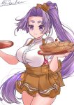  1girl absurdres alternate_costume anna_miller apron badge breasts cowboy_shot employee_uniform food frilled_shirt frills hair_intakes hatsuharu_(kancolle) highres kantai_collection large_breasts long_hair matsurika_(harusutain) name_tag orange_apron orange_skirt pie ponytail purple_eyes purple_hair shide shirt short_eyebrows signature skirt solo suspender_skirt suspenders tray underbust uniform waitress white_shirt 