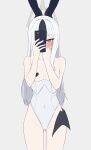  1girl absurdres alternate_costume animal_ears arm_behind_back ass_visible_through_thighs bare_shoulders black_hair blue_archive blush breasts bright_pupils cameltoe cellphone covered_navel covering_own_mouth cowboy_shot demon_wings double-parted_bangs fake_animal_ears genso_(thereisnosauce) grey_background grey_halo hair_between_eyes halo hands_up heart_pasties highleg highleg_leotard highres holding holding_phone kayoko_(blue_archive) leotard leotard_pull long_hair low_wings one_eye_covered pasties phone playboy_bunny ponytail rabbit_ears red_eyes sidelocks simple_background single_wing small_breasts smartphone solo white_hair white_leotard wings 