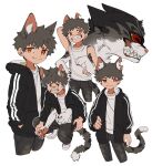  1boy :3 animal animal_ear_fluff animal_ears animal_hands black_jacket black_pants brown_hair cat cat_boy cat_ears cat_tail claws clenched_teeth closed_mouth constricted_pupils denim deviidog0 english_commentary extra_arms full_body hand_on_own_hip hands_in_pockets highres hood hood_down hooded_jacket hoodie jacket jeans looking_at_viewer male_focus monster_boy multiple_views notched_ear orange_eyes original pants puffing_up shirt shoes short_eyebrows short_hair simple_background slit_pupils smile tail tank_top teeth very_short_hair white_background white_shirt 