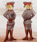  1girl binoculars blonde_hair blue_eyes brown_gloves german_army german_empire gloves grey_jacket grey_pants hands_on_own_hips hat highres imperial_german_army jacket military_hat military_uniform multiple_boys omiglop pants solo tanya_degurechaff uniform youjo_senki 