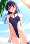  1girl absurdres alice_gear_aegis blue_eyes blue_hair blue_one-piece_swimsuit blue_sky blush breasts day embarrassed floating_hair highleg highleg_swimsuit highres koashi_mutsumi long_hair looking_at_viewer mutsumura_ryuuichi one-piece_swimsuit outdoors revealing_clothes sky small_breasts solo swimsuit water wind 