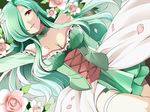  bad_id bad_pixiv_id bangs bare_shoulders breasts choker cleavage dutch_angle flower frills from_above gardevoir gen_3_pokemon green green_hair green_skirt hair_over_one_eye hirococo large_breasts leaf long_hair long_sleeves looking_at_viewer lying on_back personification petals pokemon red_eyes skirt smile solo swept_bangs thigh_strap 