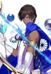  1boy absurdres agni_gandiva arjuna_(fate) black_eyes black_hair bow_(weapon) brown_hair cape dark-skinned_male dark_skin fate/grand_order fate_(series) gloves highres holding holding_bow_(weapon) holding_weapon indian_clothes male_focus short_hair simple_background smile solo vega00211 weapon white_cape white_gloves 