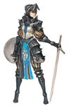  armor blonde_hair blue_eyes breastplate faulds full_armor gauntlets greaves helmet knight kyoung_hwan_kim original shield simple_background solo sword visor_(armor) weapon 
