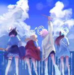  4girls absurdres after-school_sweets_club_(blue_archive) airi_(band)_(blue_archive) airi_(blue_archive) black_hair blonde_hair blue_archive blue_jacket blue_skirt blue_sky brown_hair clothes_around_waist cloud day drumsticks english_commentary from_behind guitar halo highres holding holding_drumsticks holding_guitar holding_instrument instrument jacket jacket_around_waist karuitori kazusa_(band)_(blue_archive) kazusa_(blue_archive) loose_socks medium_hair multicolored_hair multiple_girls natsu_(band)_(blue_archive) natsu_(blue_archive) official_alternate_costume pink_hair pleated_skirt railing red_jacket red_skirt shirt short_hair skirt sky socks two-tone_hair white_jacket white_shirt wristband yoshimi_(band)_(blue_archive) yoshimi_(blue_archive) 
