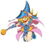  1girl blonde_hair blue_footwear blush dark_magician_girl duel_monster green_eyes hair_between_eyes hat holding holding_wand long_hair looking_at_viewer ochi_marco open_mouth pendant_choker showgirl_skirt simple_background smile wand white_background wizard_hat yu-gi-oh! 