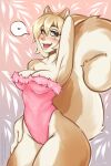 absurd_res alivion anthro big_tail blonde_hair blue_eyes camel_toe clothed clothing female fur hair hand_behind_head heart_eyes heart_symbol hi_res leotard looking_at_viewer mammal pink_clothing rodent sciurid solo tail tan_body tan_fur thick_thighs tree_squirrel wide_hips