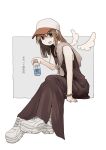  1girl absurdres azumaya_toushirou bangle bare_arms baseball_cap beer_can bracelet brown_dress brown_hair can detached_wings dress drink_can earrings full_body hat highres holding holding_can jewelry long_hair looking_at_viewer open_mouth original outside_border shoes sitting sleeveless sleeveless_dress smile sneakers solo white_footwear wings yellow_eyes 