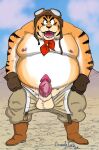 2024 anthro balls belly big_belly bottomwear captain_yellow clothing detailed_background dragon_ball erection felid genitals grizzlyjackart hi_res male mammal moobs nipples outside overweight overweight_male pantherine pants penis solo tiger