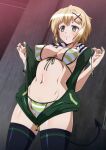  1girl akatsuki_kirika bikini black_thighhighs blonde_hair blush breasts demon_tail green_bikini green_eyes green_hoodie hair_ornament highres hood hoodie medium_breasts navel open_clothes open_hoodie outdoors senki_zesshou_symphogear shiny_skin short_hair smile solo standing striped_bikini striped_clothes sweat swimsuit tail tappa_(esperanza) thighhighs x_hair_ornament 