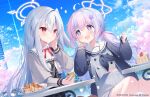  2girls blue_archive blue_sky cake cake_slice cellphone cherry_blossoms cloud cloudy_sky food fork fruit halo hisagi_(puchimaple) holding holding_fork holding_phone multiple_girls pancake phone plate reisa_(blue_archive) school_uniform sky smartphone strawberry suzumi_(blue_archive) syrup whipped_cream 