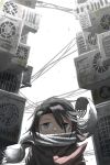  1girl air_conditioner backlighting black_hair black_sailor_collar black_shirt building condenser_unit garapii grey_eyes hair_over_one_eye highres neckerchief original overcast power_lines sailor_collar scarf scarf_over_mouth shirt sky solo upper_body white_scarf wind 