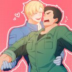  2boys :d ^_^ ao_isami bara black_hair blonde_hair blush closed_eyes couple facial_hair flying_sweatdrops hand_on_another&#039;s_arm hand_on_another&#039;s_waist heart highres jumpsuit lewis_smith lingyi51563476 male_focus multiple_boys pectorals sideburns_stubble smile stubble surprised thick_eyebrows yaoi yuuki_bakuhatsu_bang_bravern 