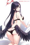  1girl artist_name black_bra black_hair black_panties black_wings blue_archive blush bra breasts closed_mouth commentary_request feathered_wings from_behind hair_ornament hairclip halo ichika_(blue_archive) kneepits large_breasts long_hair low_wings panties red_halo sebu_illust simple_background solo underwear underwear_only watermark white_background wings 