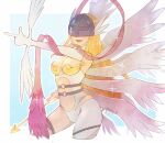  1girl angel angel_wings angewomon armor arrow_(projectile) blonde_hair bow breastplate breasts clothing_cutout covered_eyes cowboy_shot digimon digimon_(creature) feathered_wings gloves head_wings helmet helmet_over_eyes holding holding_arrow long_hair looking_at_viewer medium_breasts pointing rikka_(tcbn_18) single_glove solo sparkle stomach_cutout twitter_username white_gloves white_wings wings 