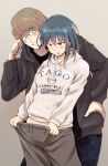  1boy 1girl adjusting_eyewear blue_hair blush brown_hair clothes_pull genderswap genderswap_(mtf) glasses grey_background grey_pants grin highres hood hoodie original pants pants_pull parted_lips polyurethane_(artist) print_hoodie simple_background smile sweatpants white_hoodie 