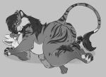 2023 anthro artist_name berrywoof big_butt biped blush bow_(bowhuskers) butt canid canine canis claws duo felid female fur grey_body grey_fur hair hi_res male male/female mammal monochrome pantherine paws pinned pinned_to_ground simple_background tail teeth_showing tiger wolf