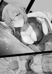  1boy 1girl ass breasts cleavage come_hither commentary_request fate/grand_order fate_(series) greyscale hair_over_one_eye hetero highres japanese_clothes kimono large_breasts looking_at_viewer lying mash_kyrielight monochrome sex sex_from_behind short_hair textless_version wakamochi-ta 