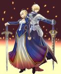  1girl ahoge armor arthur_pendragon_(fate) artoria_pendragon_(all) ayamesin bad_id bad_pixiv_id blonde_hair caliburn dress excalibur excalibur_(fate/prototype) fate/prototype fate/stay_night fate_(series) genderswap genderswap_(ftm) green_eyes hair_ribbon hand_on_hilt hands_on_hilt planted_sword planted_weapon ribbon saber sword weapon 