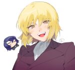  1boy 1girl :d ascot athrun_zala blonde_hair blue_hair blush cagalli_yula_athha chibi chibi_inset coat couple gundam gundam_seed gundam_seed_destiny gundam_seed_freedom nakagomiyuki415 pant_suit pants purple_coat short_hair smile suit uniform yellow_eyes 