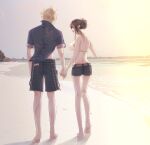  1boy 1girl adapted_costume back bare_legs barefoot beach bikini bikini_top_only black_hair blonde_hair breasts cloud_strife cloud_strife_(ocean_chocobo) commentary_request couple final_fantasy final_fantasy_vii final_fantasy_vii_rebirth final_fantasy_vii_remake from_behind highres large_breasts mixmomo_yah ocean official_alternate_costume official_alternate_hairstyle panty_straps short_shorts shorts sunset swimsuit thong tifa_lockhart tifa_lockhart_(majestic_glamour) walking 