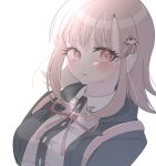  1girl black_jacket black_shirt blush brown_hair collared_shirt danganronpa_(series) danganronpa_2:_goodbye_despair fol0050 galaga hood hood_down hooded_jacket jacket nanami_chiaki neck_ribbon open_clothes open_jacket pink_ribbon ribbon shirt simple_background smile two-tone_shirt upper_body white_background white_shirt 