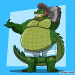 absurd_res alligator alligatorid anthro belly big_belly carlostxwild clothed clothing croc crocodile crocodilian crocodylid digital_media_(artwork) gator_(streamer) green_body hair hi_res invader_(invaderthegator) invaderthegator lizard male muscular organs overweight overweight_male reptile scalie simple_background size_difference solo stomach tail teeth