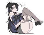  1girl black_hair black_nails black_socks blue_hair breasts clothes_writing crossed_legs detached_sleeves doppel_(bonnypir) ear_piercing fishnets full_body grey_thighhighs hair_over_one_eye highres korean_text long_hair mole mole_under_eye original piercing short_shorts shorts simple_background single_sock single_thighhigh sitting socks solo striped_sleeves thighhighs torn_clothes torn_thighhighs translation_request very_long_hair white_background 